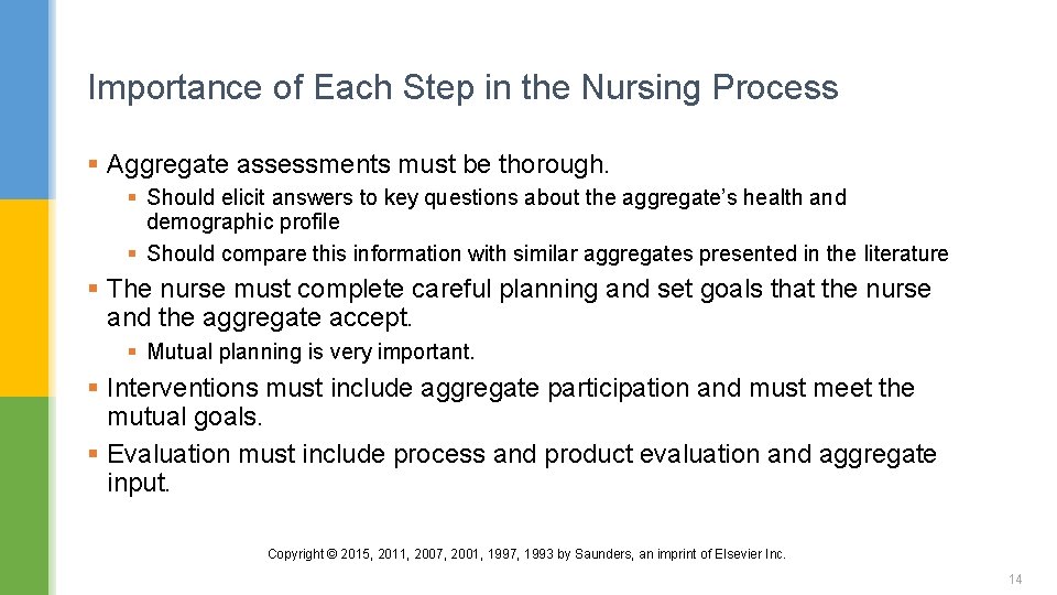 Importance of Each Step in the Nursing Process § Aggregate assessments must be thorough.