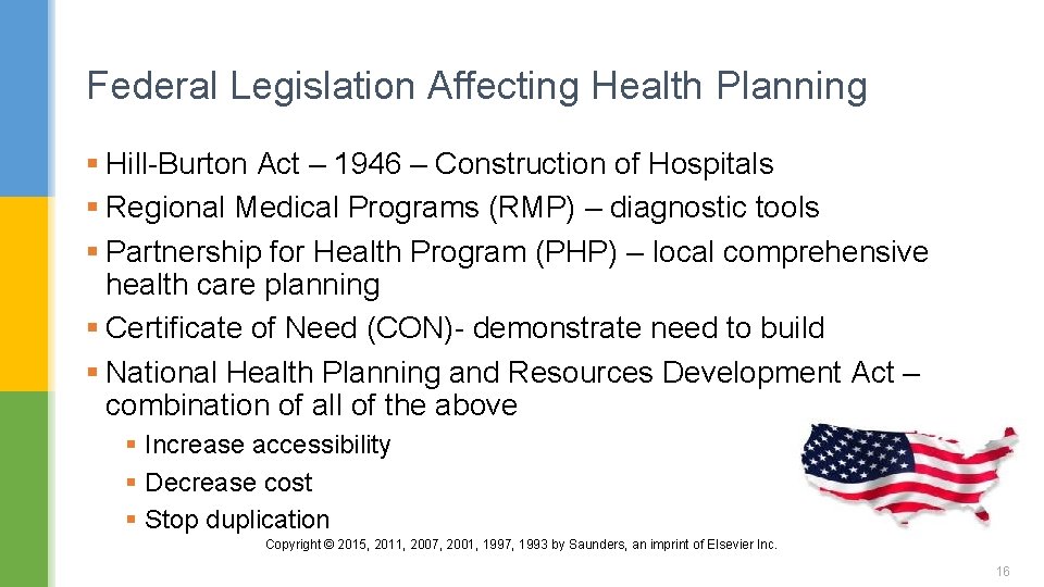 Federal Legislation Affecting Health Planning § Hill-Burton Act – 1946 – Construction of Hospitals