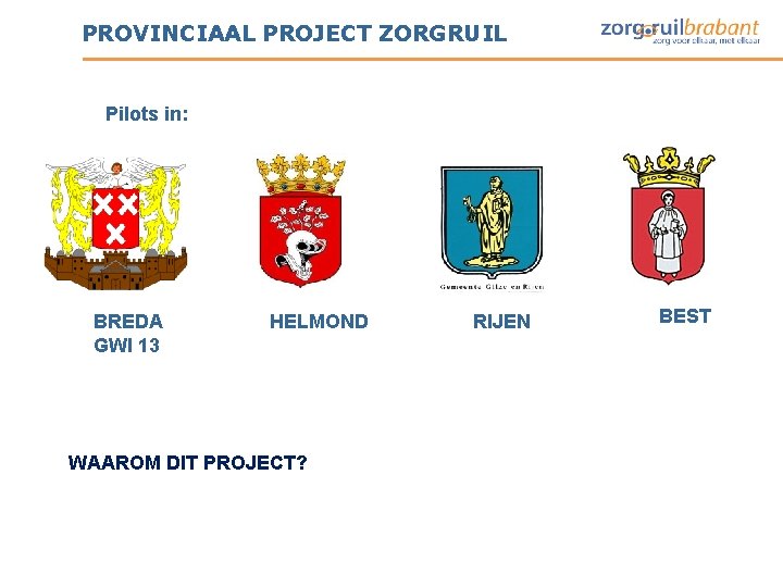 PROVINCIAAL PROJECT ZORGRUIL Pilots in: BREDA GWI 13 HELMOND WAAROM DIT PROJECT? RIJEN BEST PROVINCIAAL PROJECT ZORGRUIL Pilots in: BREDA GWI 13 HELMOND WAAROM DIT PROJECT? RIJEN BEST