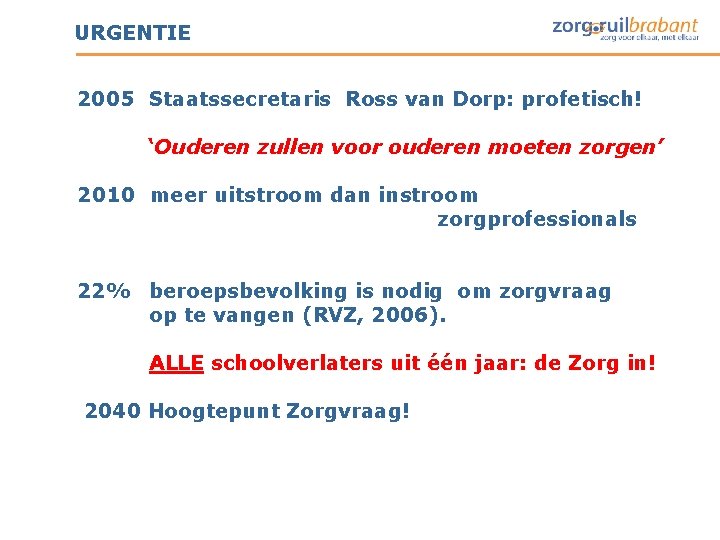 URGENTIE 2005 Staatssecretaris Ross van Dorp: profetisch! ‘Ouderen zullen voor ouderen moeten zorgen’ 2010 URGENTIE 2005 Staatssecretaris Ross van Dorp: profetisch! ‘Ouderen zullen voor ouderen moeten zorgen’ 2010