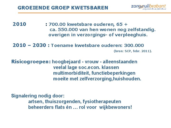 GROEIENDE GROEP KWETSBAREN 2010 : 700. 00 kwetsbare ouderen, 65 + ca. 550. 000 GROEIENDE GROEP KWETSBAREN 2010 : 700. 00 kwetsbare ouderen, 65 + ca. 550. 000