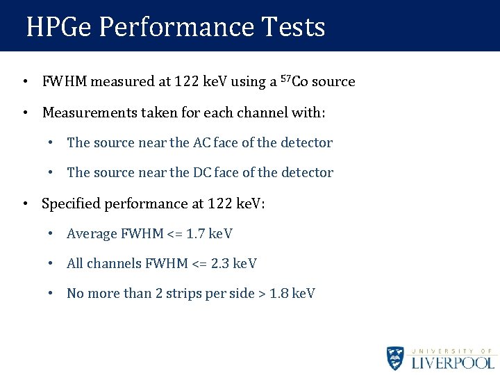 HPGe Performance MRI images Tests • FWHM measured at 122 ke. V using a HPGe Performance MRI images Tests • FWHM measured at 122 ke. V using a