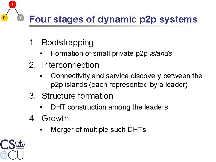 Four stages of dynamic p 2 p systems 1. Bootstrapping • Formation of small