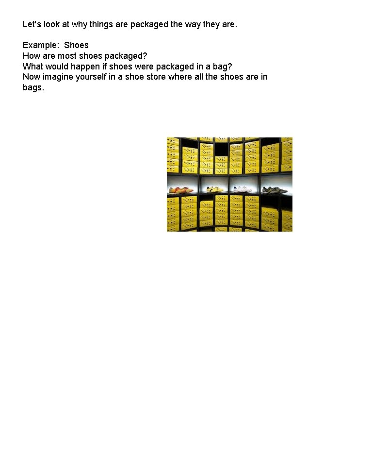 Let's look at why things are packaged the way they are. Example: Shoes How