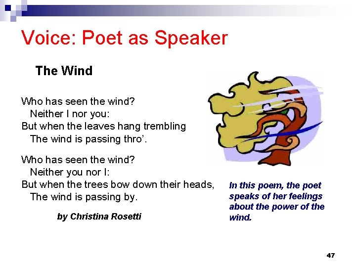 Voice: Poet as Speaker The Wind Who has seen the wind? Neither I nor