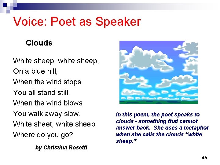 Voice: Poet as Speaker Clouds White sheep, white sheep, On a blue hill, When