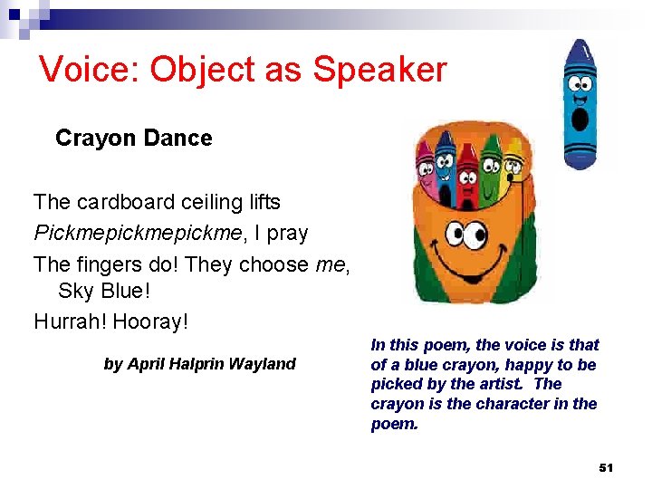 Voice: Object as Speaker Crayon Dance The cardboard ceiling lifts Pickmepickme, I pray The