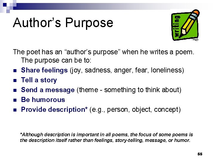 Author’s Purpose The poet has an “author’s purpose” when he writes a poem. The