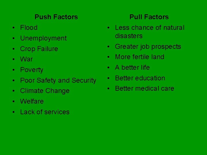 Push Factors • • • Flood Unemployment Crop Failure War Poverty Poor Safety and