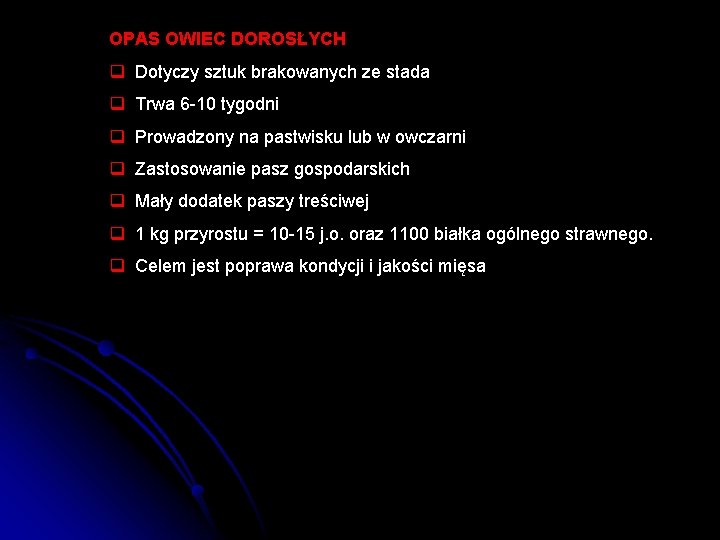 OPAS OWIEC DOROSŁYCH q Dotyczy sztuk brakowanych ze stada q Trwa 6 -10 tygodni