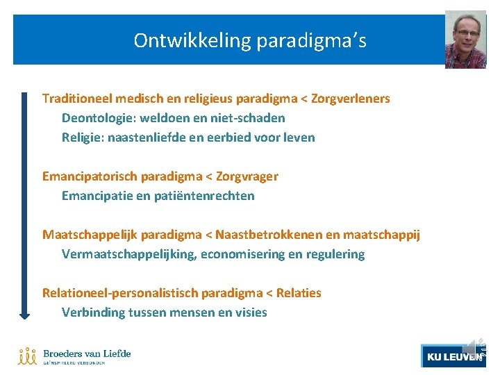 Ontwikkeling paradigma’s Traditioneel medisch en religieus paradigma < Zorgverleners Deontologie: weldoen en niet-schaden Religie: