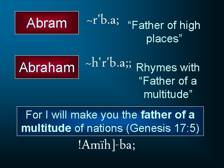 Abram Abraham ~r'b. a; “Father of high places” ~h'r'b. a; ; Rhymes with “Father
