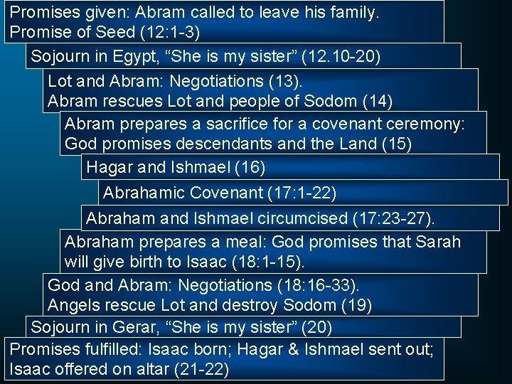 Promises given: Abram called to leave his family. Promise of Seed (12: 1 -3)