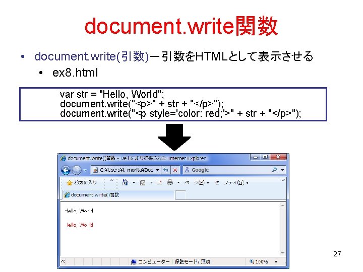 document. write関数 • document. write(引数)－引数をHTMLとして表示させる • ex 8. html var str = "Hello, World";