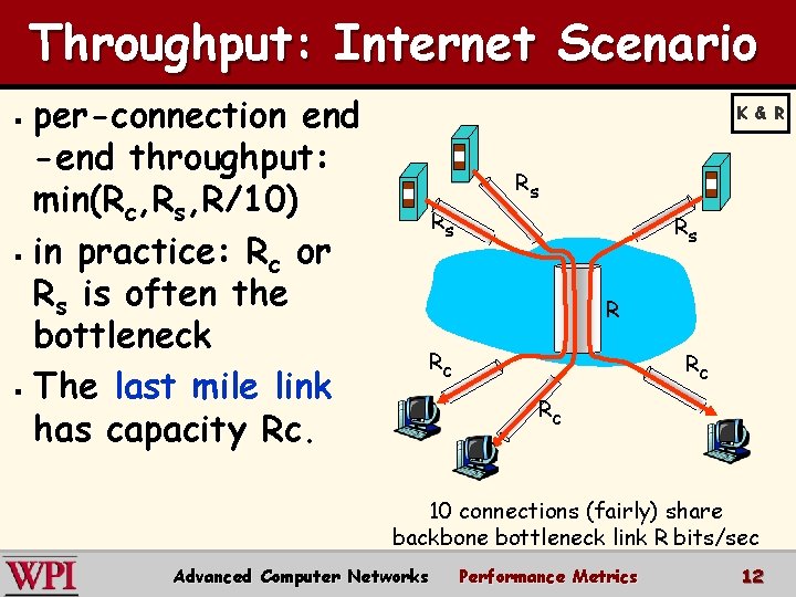 Throughput: Internet Scenario per-connection end -end throughput: min(Rc, Rs, R/10) § in practice: Rc