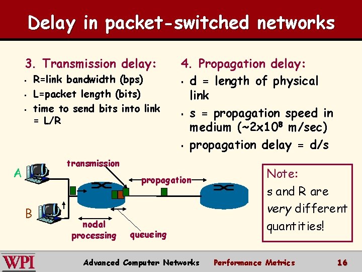 Delay in packet-switched networks 3. Transmission delay: § § § R=link bandwidth (bps) L=packet