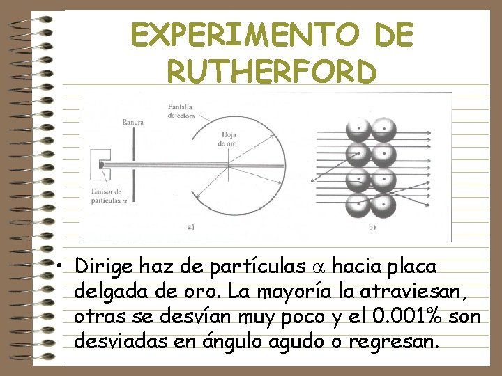 EXPERIMENTO DE RUTHERFORD • Dirige haz de partículas hacia placa delgada de oro. La