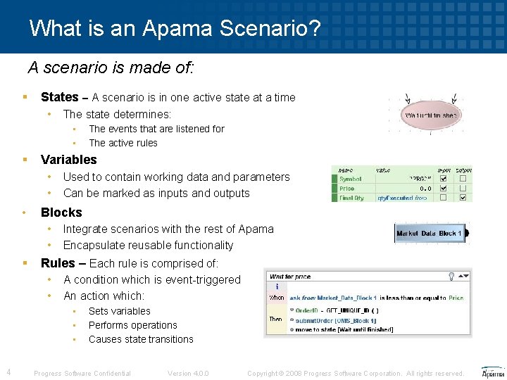 What is an Apama Scenario? A scenario is made of: § States – A