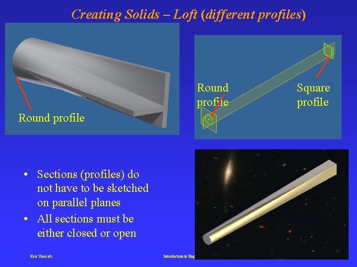 Creating Solids – Loft (different profiles) Round profile Square profile Round profile • Sections