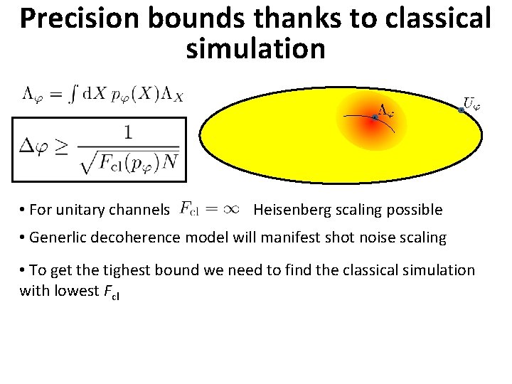 Precision bounds thanks to classical simulation • For unitary channels Heisenberg scaling possible • Precision bounds thanks to classical simulation • For unitary channels Heisenberg scaling possible •
