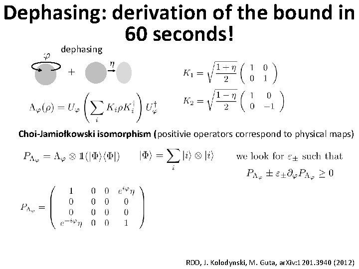 Dephasing: derivation of the bound in 60 seconds! dephasing Choi-Jamiołkowski isomorphism (positivie operators correspond Dephasing: derivation of the bound in 60 seconds! dephasing Choi-Jamiołkowski isomorphism (positivie operators correspond