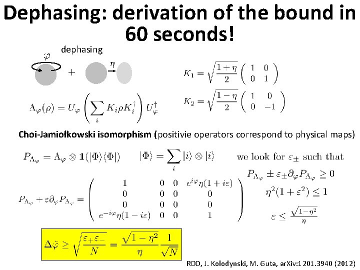 Dephasing: derivation of the bound in 60 seconds! dephasing Choi-Jamiołkowski isomorphism (positivie operators correspond Dephasing: derivation of the bound in 60 seconds! dephasing Choi-Jamiołkowski isomorphism (positivie operators correspond