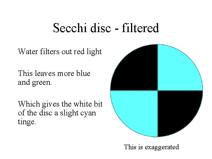 Secchi disc - filtered Water filters out red light. This leaves more blue and