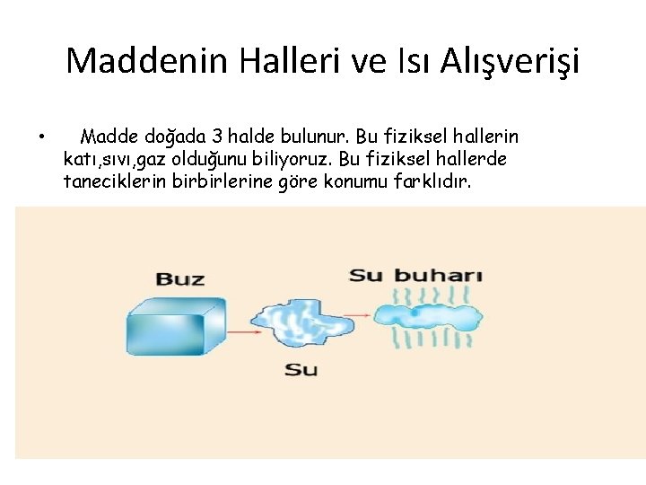 Maddenin Halleri ve Isı Alışverişi • Madde doğada 3 halde bulunur. Bu fiziksel hallerin