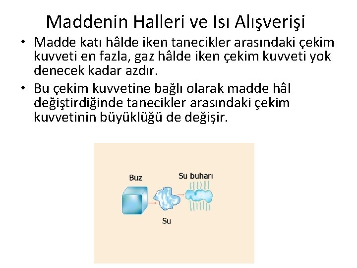 Maddenin Halleri ve Isı Alışverişi • Madde katı hâlde iken tanecikler arasındaki çekim kuvveti