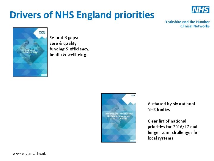 Drivers of NHS England priorities Set out 3 gaps: care & quality, funding &