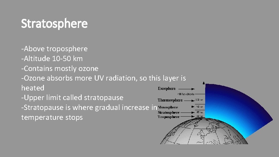 Stratosphere -Above troposphere -Altitude 10 -50 km -Contains mostly ozone -Ozone absorbs more UV