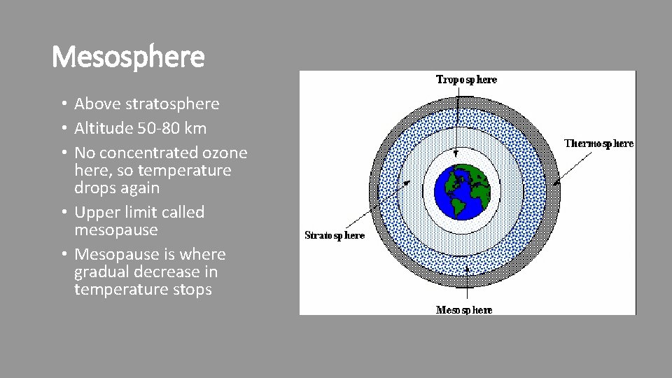 Mesosphere • Above stratosphere • Altitude 50 -80 km • No concentrated ozone here,