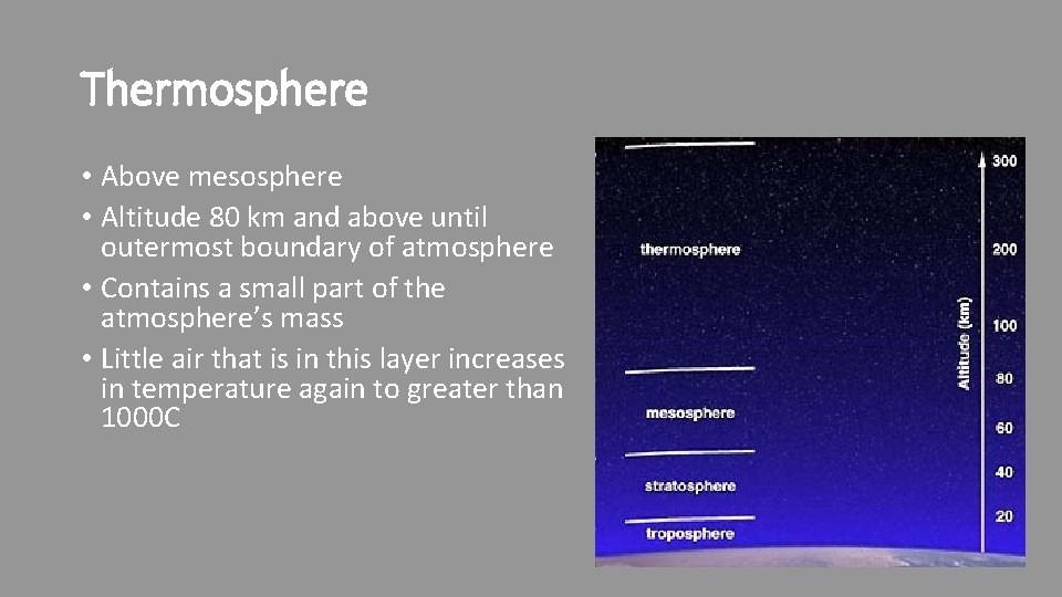 Thermosphere • Above mesosphere • Altitude 80 km and above until outermost boundary of