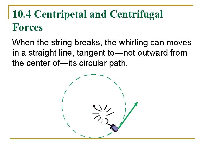 10. 4 Centripetal and Centrifugal Forces When the string breaks, the whirling can moves