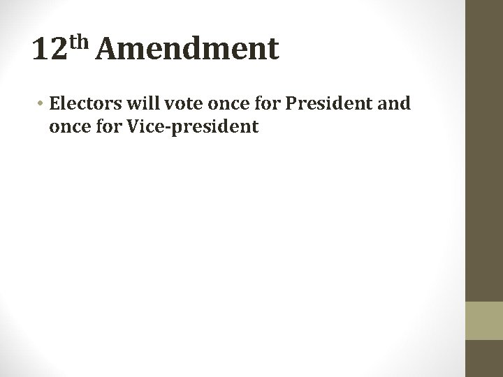 th 12 Amendment • Electors will vote once for President and once for Vice-president