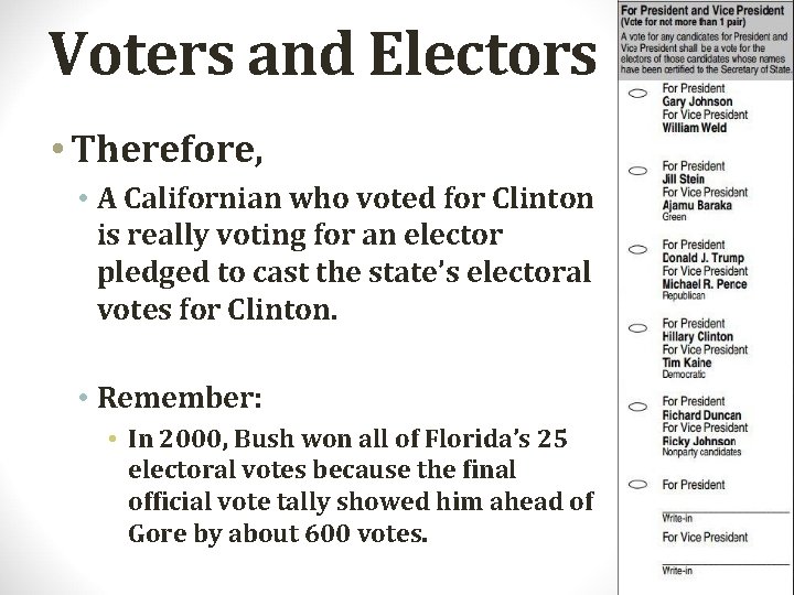 Voters and Electors • Therefore, • A Californian who voted for Clinton is really