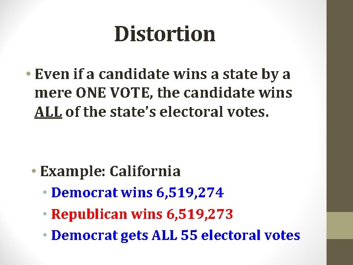 Distortion • Even if a candidate wins a state by a mere ONE VOTE,