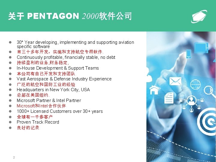 关于 PENTAGON 2000软件公司 30+ Year developing, implementing and supporting aviation specific software 有三十多年开发，实施和支持航空专用软件. Continuously