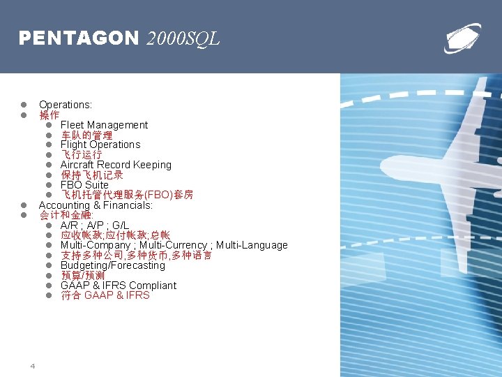 PENTAGON 2000 SQL Operations: 操作 Fleet Management 车队的管理 Flight Operations 飞行运行 Aircraft Record Keeping