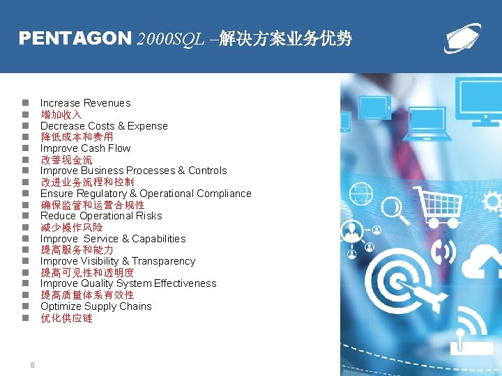 PENTAGON 2000 SQL –解决方案业务优势 Increase Revenues 增加收入 Decrease Costs & Expense 降低成本和费用 Improve Cash