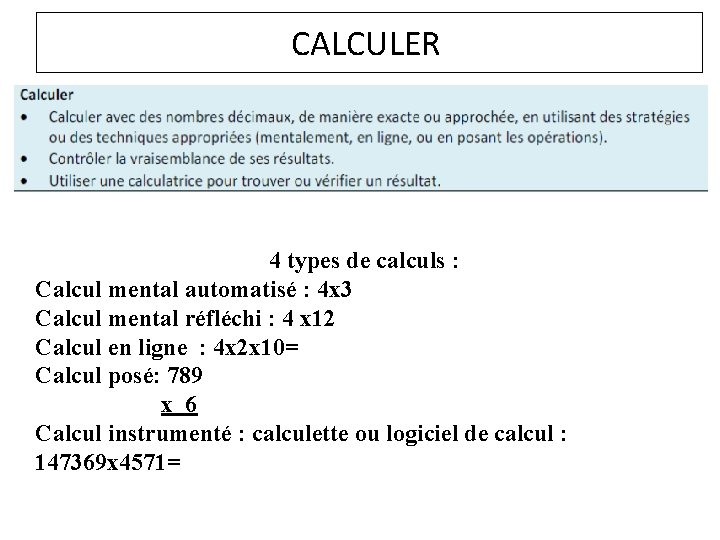 CALCULER 4 types de calculs : Calcul mental automatisé : 4 x 3 Calcul