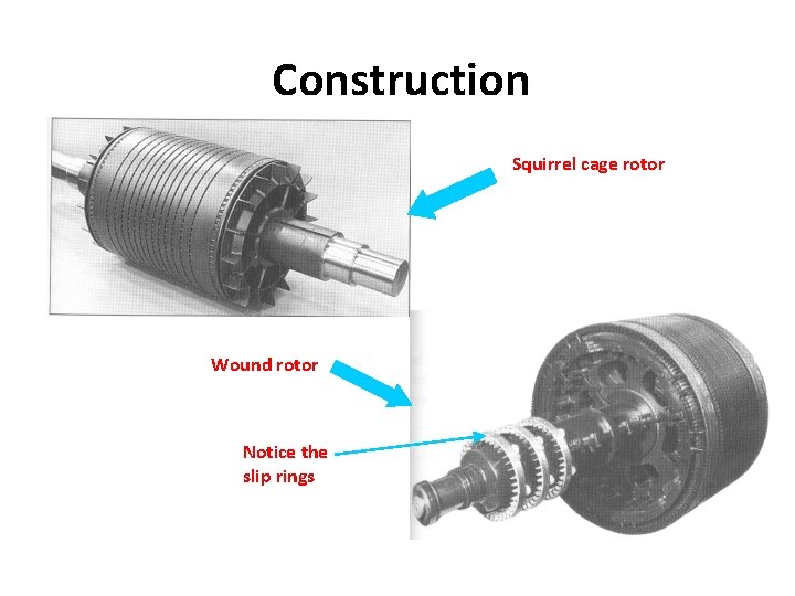 Construction Squirrel cage rotor Wound rotor Notice the slip rings 