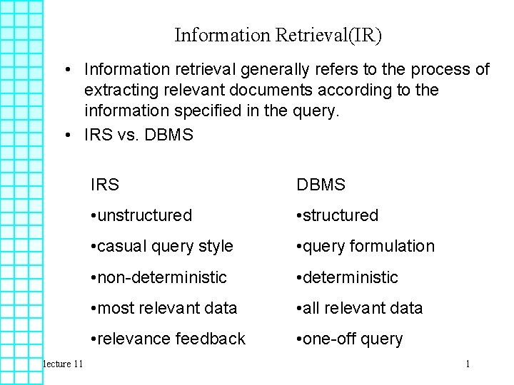 Information Retrieval(IR) • Information retrieval generally refers to the process of extracting relevant documents