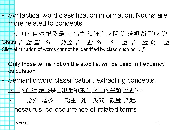  • Syntactical word classification information: Nouns are more related to concepts 人口 的