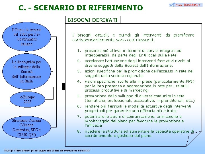 C. - SCENARIO DI RIFERIMENTO BISOGNI DERIVATI Il Piano di Azione del 2000 per