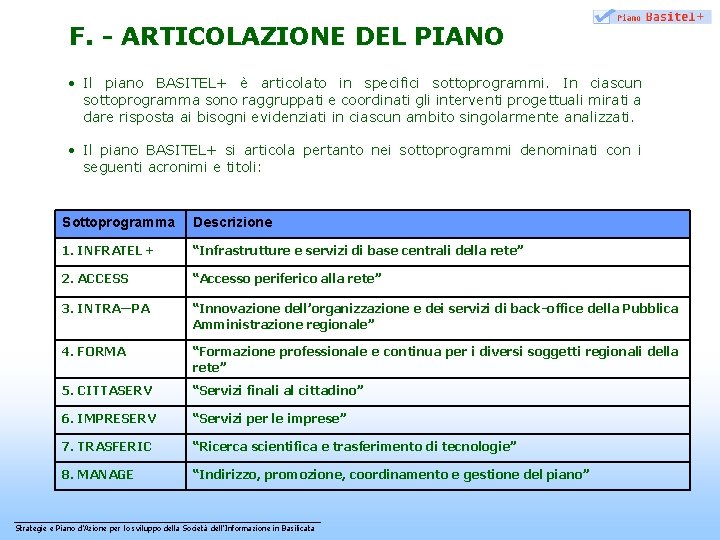 F. - ARTICOLAZIONE DEL PIANO • Il piano BASITEL+ è articolato in specifici sottoprogrammi.