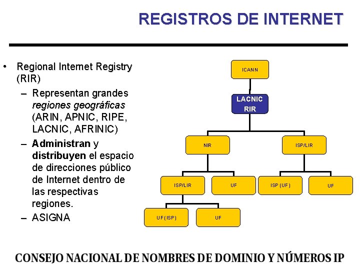 REGISTROS DE INTERNET • Regional Internet Registry (RIR) – Representan grandes regiones geográficas (ARIN,