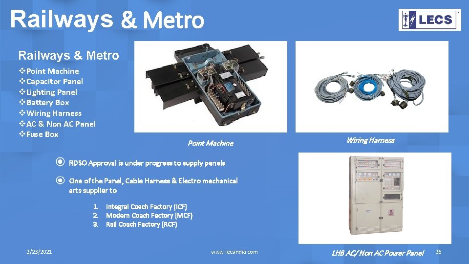 Railways & Metro v. Point Machine v. Capacitor Panel v. Lighting Panel v. Battery