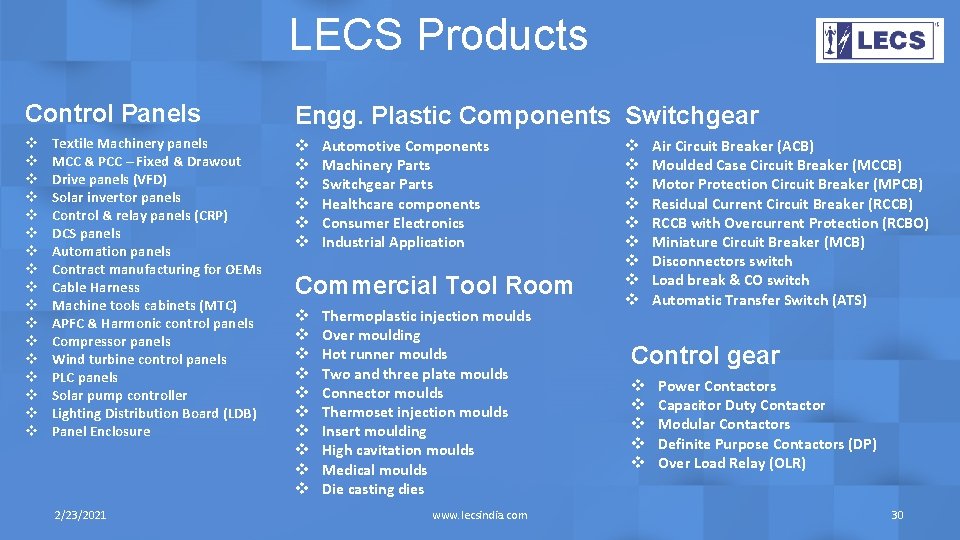 LECS Products Control Panels v v v v v Textile Machinery panels MCC &
