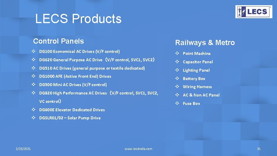 LECS Products Control Panels Railways & Metro v DG 100 Economical AC Drives (V/F